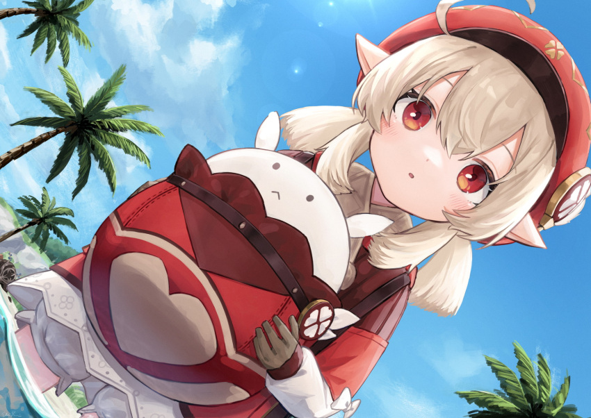 1girl ahoge bangs beach bloomers blue_sky brown_gloves brown_scarf cabbie_hat carrying clouds cloudy_sky clover_print coat coconut_tree commentary_request ebiry_fy eyebrows_visible_through_hair genshin_impact gloves hair_between_eyes hat hat_feather hat_ornament highres in_water jumpy_dumpty klee_(genshin_impact) long_hair long_sleeves looking_at_viewer low_twintails ocean palm_tree parted_lips pointy_ears red_coat scarf sidelocks sky solo tree twintails underwear