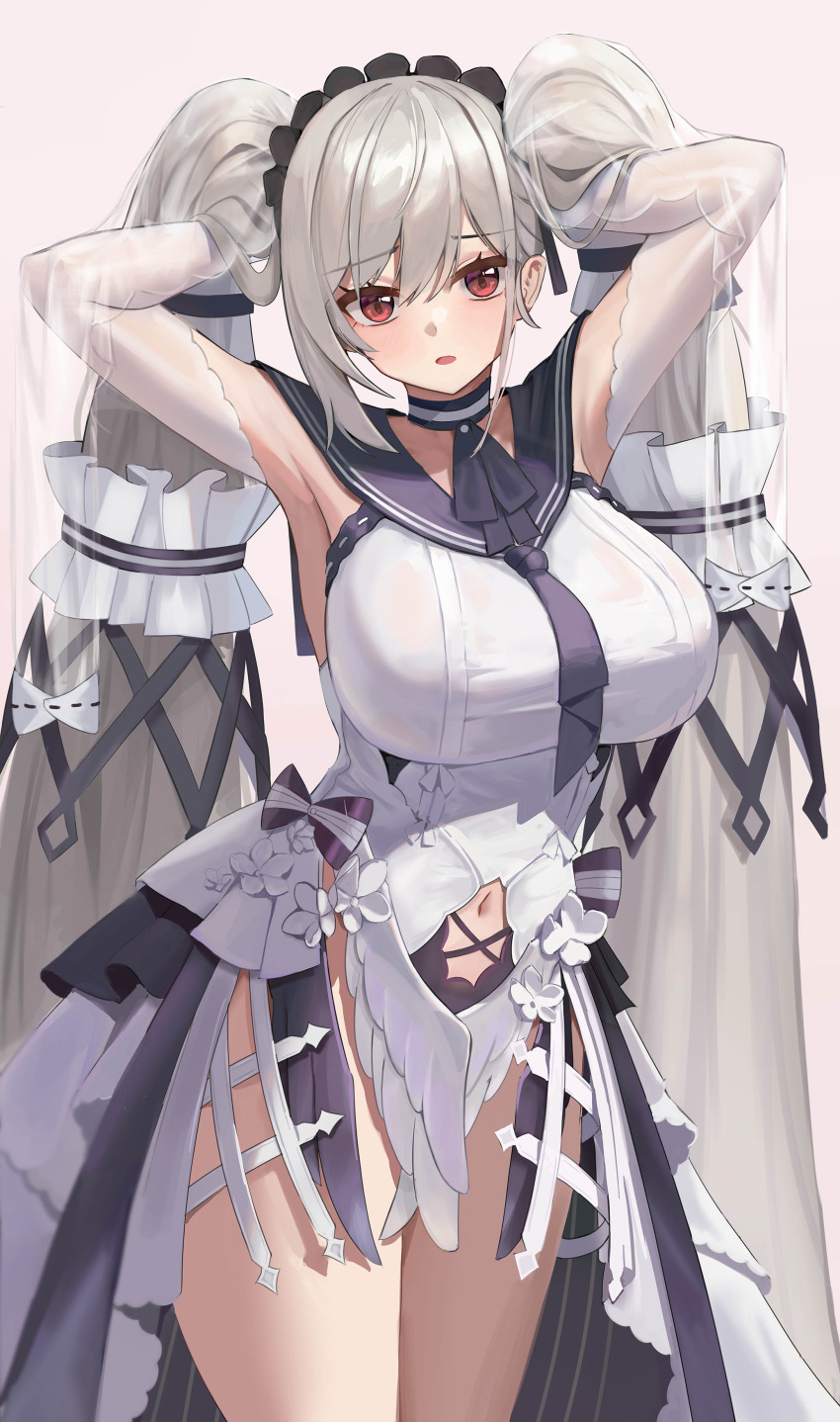 1girl absurdres arms_behind_head arms_up azur_lane bangs black_choker black_neckwear black_ribbon black_sailor_collar breasts choker clothing_cutout commentary dress eyebrows_visible_through_hair formidable_(azur_lane) formidable_(timeless_classics)_(azur_lane) hair_between_eyes hair_ribbon hairband highres large_breasts long_hair looking_at_viewer navel navel_cutout official_alternate_costume onedoo open_mouth red_eyes ribbon sailor_collar silver_hair solo standing twintails veil very_long_hair white_dress