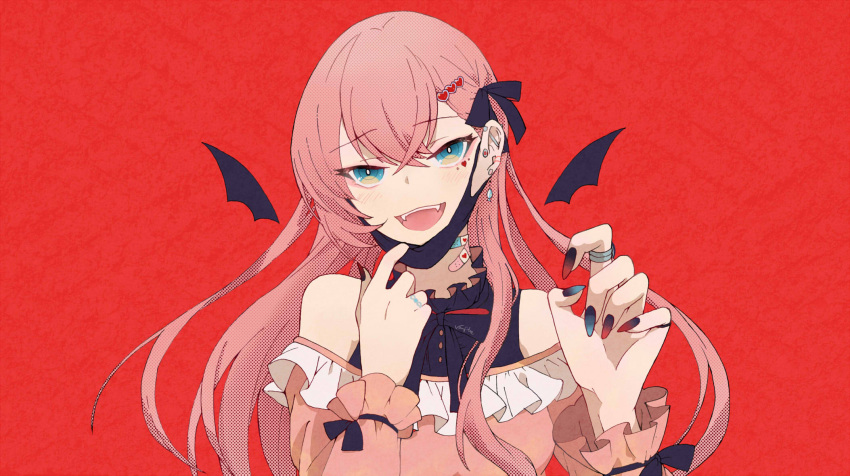 1girl bandaid bandaid_on_neck bare_shoulders bat_wings black_mask black_nails blue_eyes earrings facial_tattoo fangs fingernails frilled_shirt frills hair_ornament heart heart_hair_ornament heart_tattoo highres jewelry long_fingernails long_hair mask mask_pull megurine_luka mochityoko mouth_mask open_mouth pink_hair pink_shirt red_background ring shirt smile solo tattoo upper_body vampire_(vocaloid) vocaloid wings