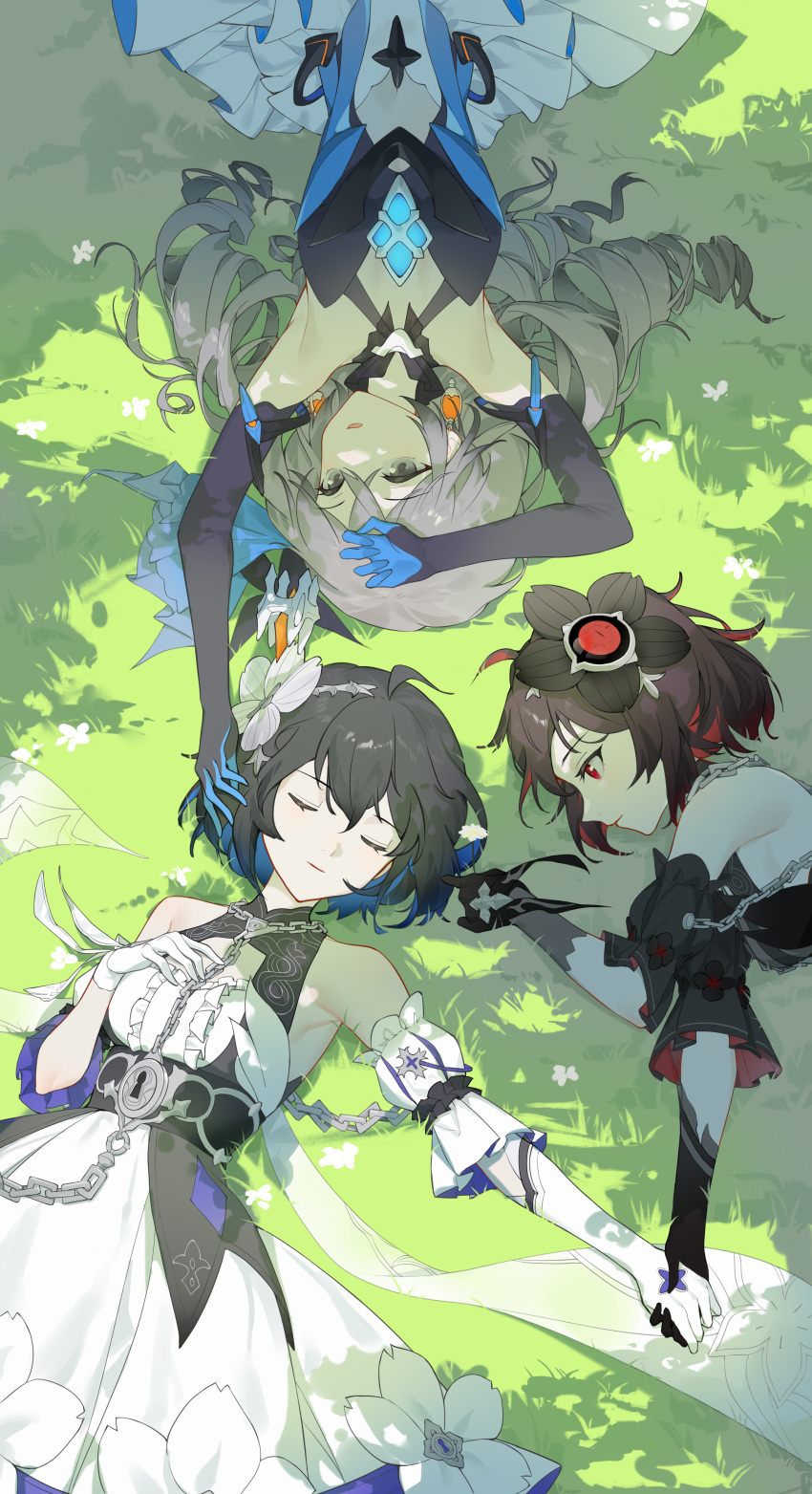3girls absurdres armpits bare_shoulders black_hair bronya_zaychik bronya_zaychik_(herrscher_of_reason) closed_eyes closed_mouth drill_hair earrings flower gloves grass grey_eyes grey_hair hair_flower hair_ornament highres holding_another's_head holding_hands honkai_(series) honkai_impact_3rd jewelry kuo_(kuo114514) long_hair lying multiple_girls on_back on_side open_mouth outdoors seele_(alter_ego) seele_vollerei seele_vollerei_(stygian_nymph) sleeping tree_shade twin_drills yuri