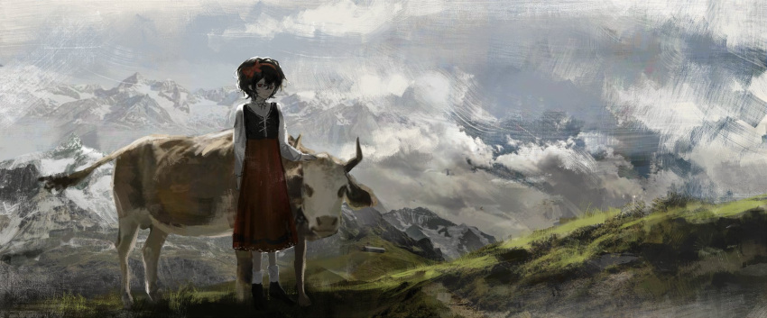1girl bangs black_footwear black_hair black_neckwear black_ribbon black_vest blouse bow closed_mouth commentary cow day english_commentary full_body grass grey_sky hair_between_eyes hair_bow hairband highres looking_at_viewer mountain mountainous_horizon neck_ribbon original outdoors red_bow red_eyes red_hairband red_skirt ribbon shoes short_hair skirt smile socks solo standing vest white_blouse white_legwear xbsx