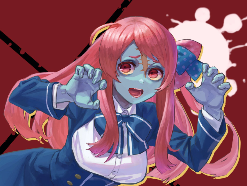 1girl ahoge blue_ribbon blue_skin bow breasts claw_pose colored_skin commentary_request hair_bow hair_ribbon highres long_hair medium_breasts minamoto_sakura one_side_up open_mouth pink_hair polka_dot red_eyes ribbon scar school_uniform solo yomoyama_yotabanashi zombie zombie_land_saga