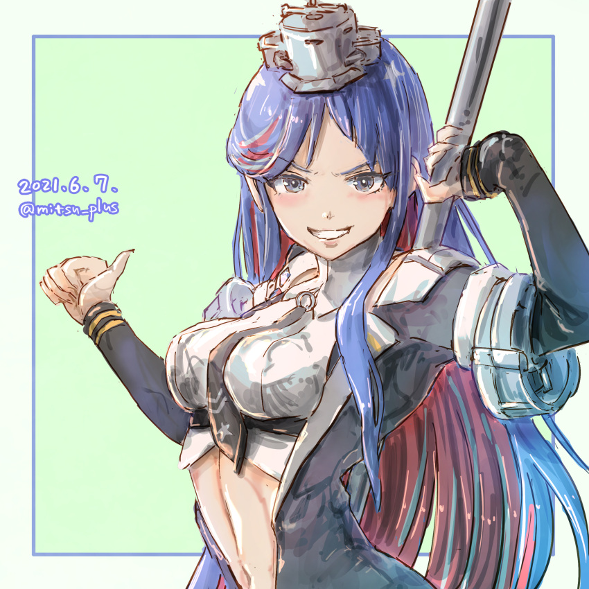 1girl absurdres bangs black_jacket black_neckwear blue_eyes blue_hair breasts crop_top dated grin highres holding jacket kantai_collection long_hair long_sleeves medium_breasts mitsu_plus multicolored_hair navel necktie one-hour_drawing_challenge redhead simple_background smile solo south_dakota_(kancolle) star_(symbol) thumbs_up twitter_username upper_body white_hair
