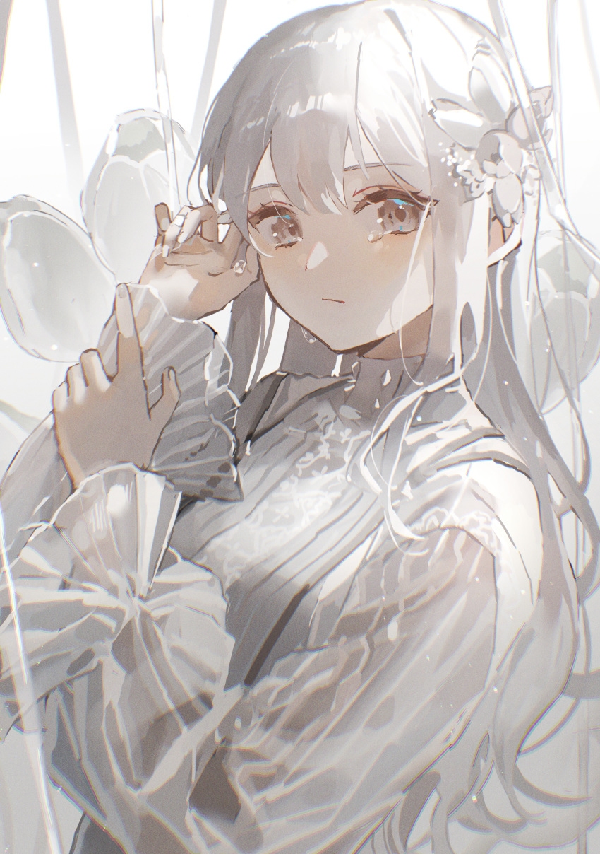 1girl absurdres bangs brown_eyes commentary flower hair_flower hair_ornament hands_up highres long_hair long_sleeves looking_at_viewer original oyuyu shirt solo tears upper_body white_background white_flower white_hair white_shirt white_theme