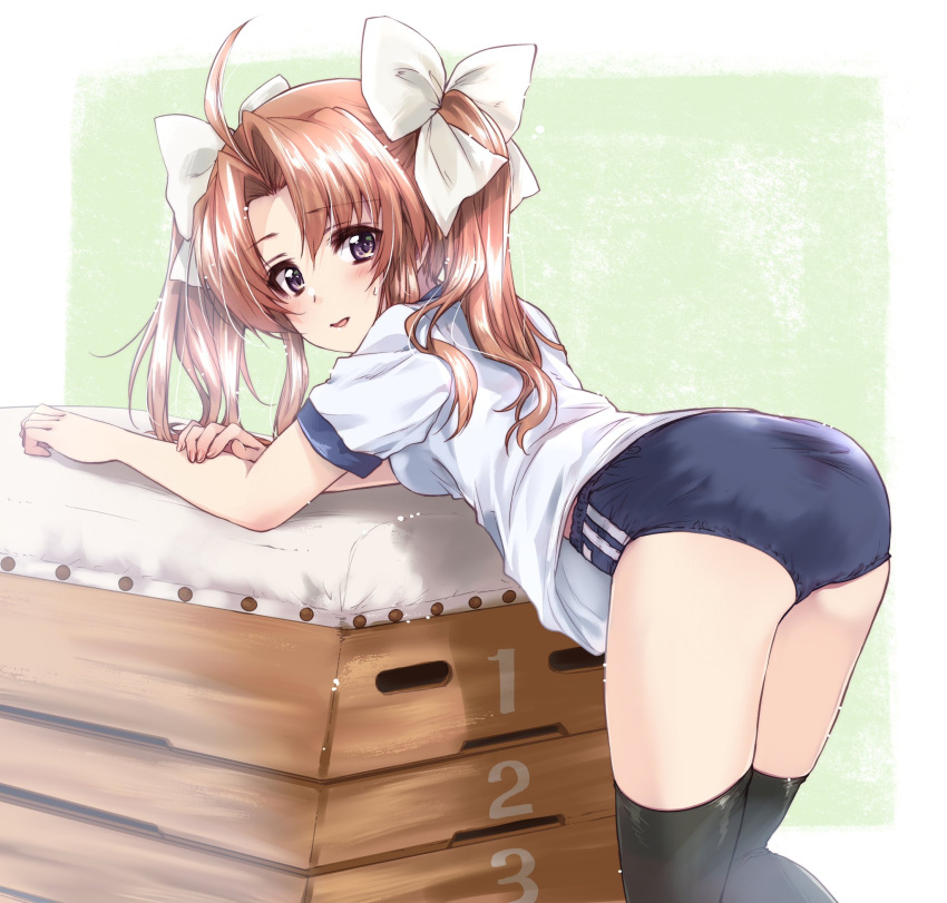 1girl ahoge ass bangs black_legwear blue_buruma bow brown_eyes brown_hair buruma commentary_request commission double_vertical_stripe dutch_angle from_behind gym_shirt gym_uniform hair_bow highres kagerou_(kancolle) kantai_collection kuroi_mimei leaning_forward looking_at_viewer looking_back medium_hair open_mouth parted_bangs partial_commentary shirt short_sleeves skeb_commission smile solo standing sweatdrop t-shirt thigh-highs vaulting_horse white_bow white_shirt