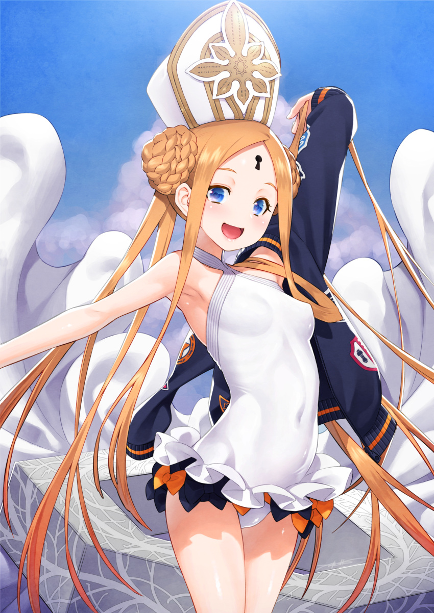 1girl abigail_williams_(fate) abigail_williams_(swimsuit_foreigner)_(fate) absurdres arm_up bangs bare_shoulders black_bow blonde_hair blue_eyes bow braid braided_bun breasts covered_navel double_bun dress_swimsuit fate/grand_order fate_(series) forehead frilled_swimsuit frills hat highres kazuma_muramasa keyhole long_hair looking_at_viewer mitre multiple_bows one-piece_swimsuit open_mouth orange_bow parted_bangs sidelocks small_breasts smile solo swimsuit thighs twintails very_long_hair white_headwear white_swimsuit