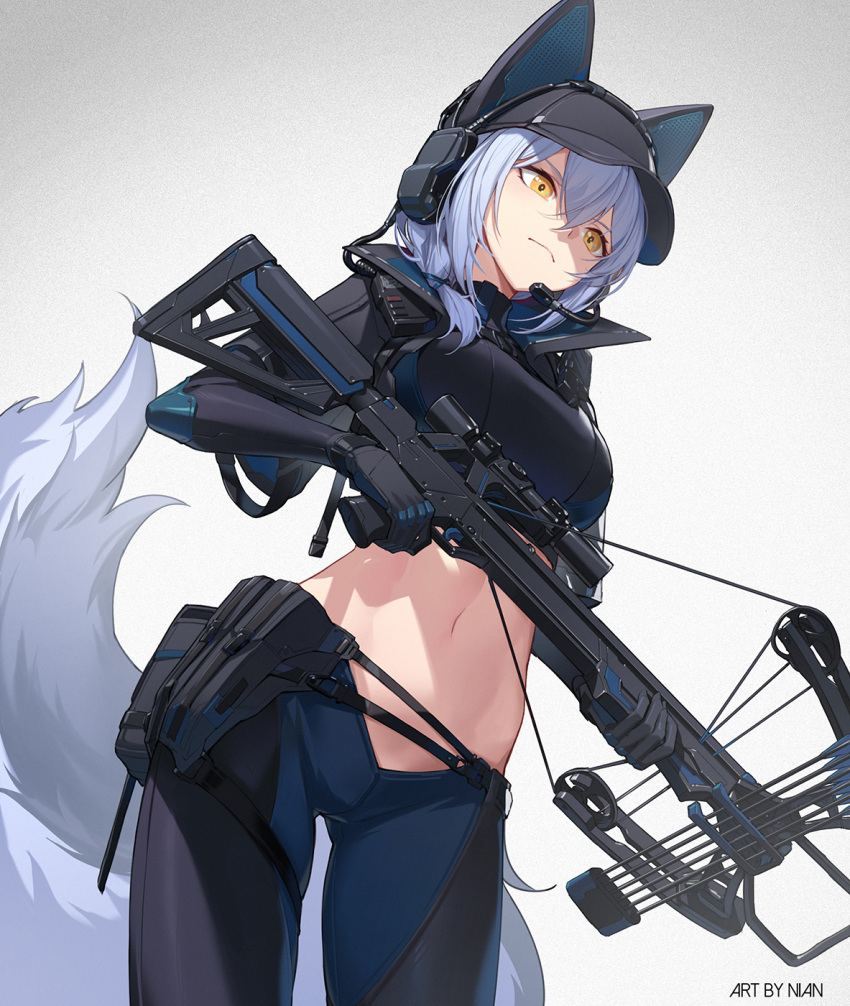 1girl animal_ears arknights artist_name baseball_cap black_headwear black_pants black_shirt cowboy_shot cropped_shirt dutch_angle grey_background hat headset highres holding_crossbow holster implied_extra_ears looking_down midriff navel nian pants provence_(arknights) shadow shirt simple_background skindentation solo tail wolf_ears wolf_girl wolf_tail yellow_eyes