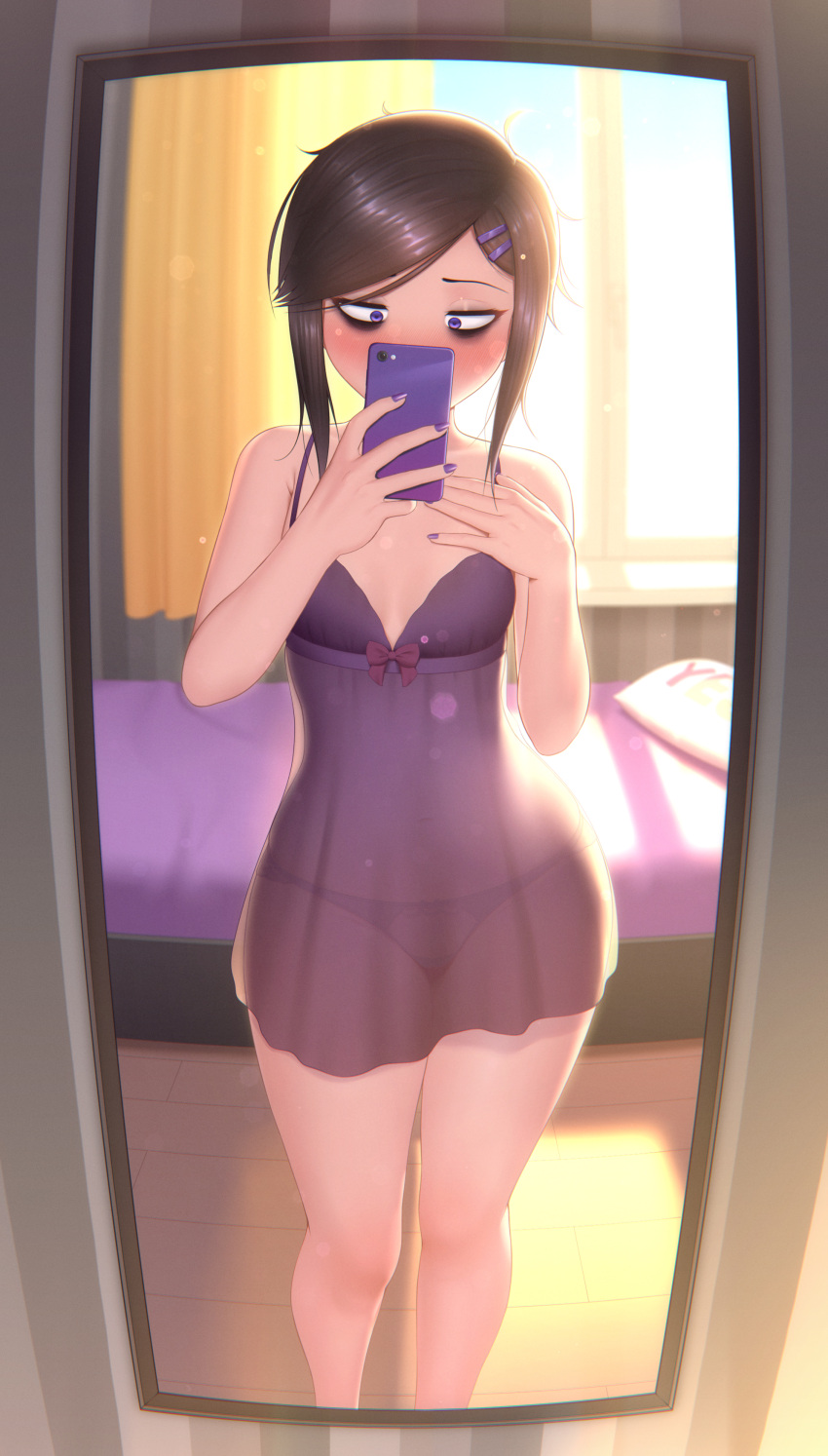 1girl absurdres bags_under_eyes bangs bed black_hair black_panties blush bow bow_panties cellphone contrapposto curtains female_pov fisheye hair_ornament hairclip hand_on_own_chest highres holding holding_phone indoors lens_flare lingerie looking_at_viewer mirror navel negligee nightgown nose_blush original panties phone pov purple_nails reflection renko_(renkonv) renkonv sanpaku see-through selfie short_hair short_hair_with_long_locks skindentation smartphone solo standing stomach swept_bangs taking_picture thighs underwear underwear_only violet_eyes window wooden_floor yes-no_pillow