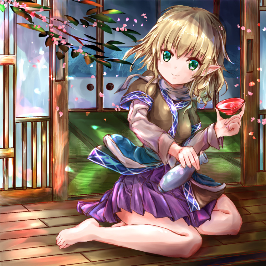 1girl alcohol arm_warmers bangs barefoot black_shirt blonde_hair blush bottle breasts brown_jacket cherry_blossoms chireiden closed_mouth commentary_request cup eyebrows_visible_through_hair full_body green_eyes hair_between_eyes hanami highres ikazuchi_akira jacket layered_clothing looking_to_the_side medium_breasts medium_hair mizuhashi_parsee multicolored multicolored_clothes multicolored_jacket outdoors pointy_ears purple_skirt sakazuki sake sake_bottle sash scarf shirt shouji sitting skirt sliding_doors smile solo tatami touhou veranda white_sash white_scarf