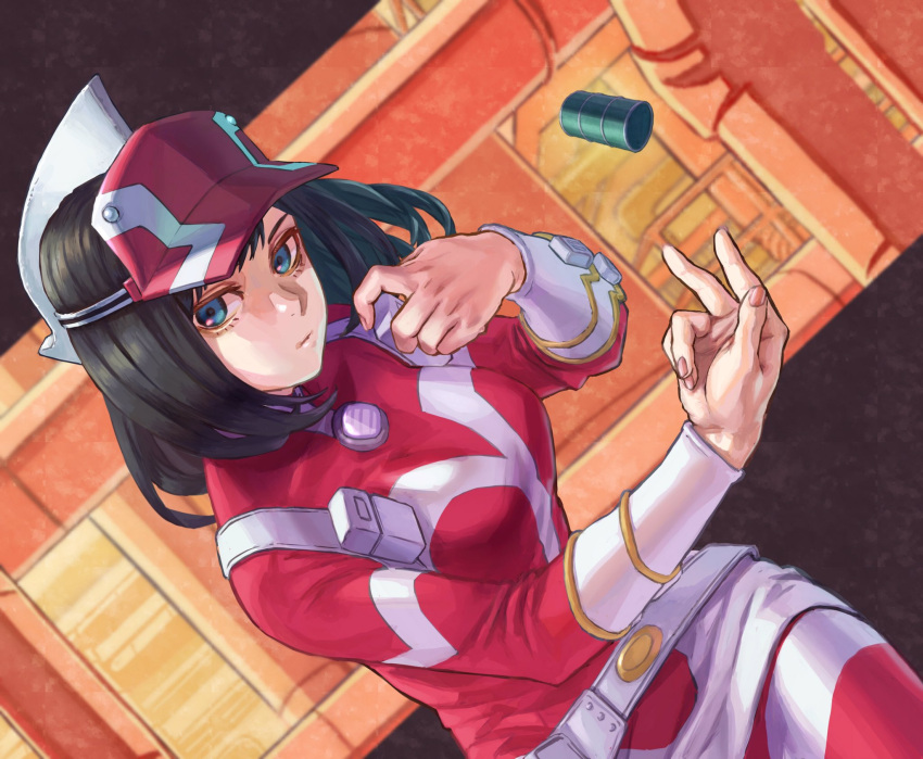 1girl bangs belt black_hair blue_eyes boku_no_hero_academia brown_background drum_(container) eyebrows_behind_hair fingernails highres jumpsuit kodai_yui long_hair orange_background pipes pouch red_headwear red_jumpsuit solo telekinesis two-tone_headwear two-tone_jumpsuit visor_cap white_headwear white_jumpsuit yomoyama_yotabanashi