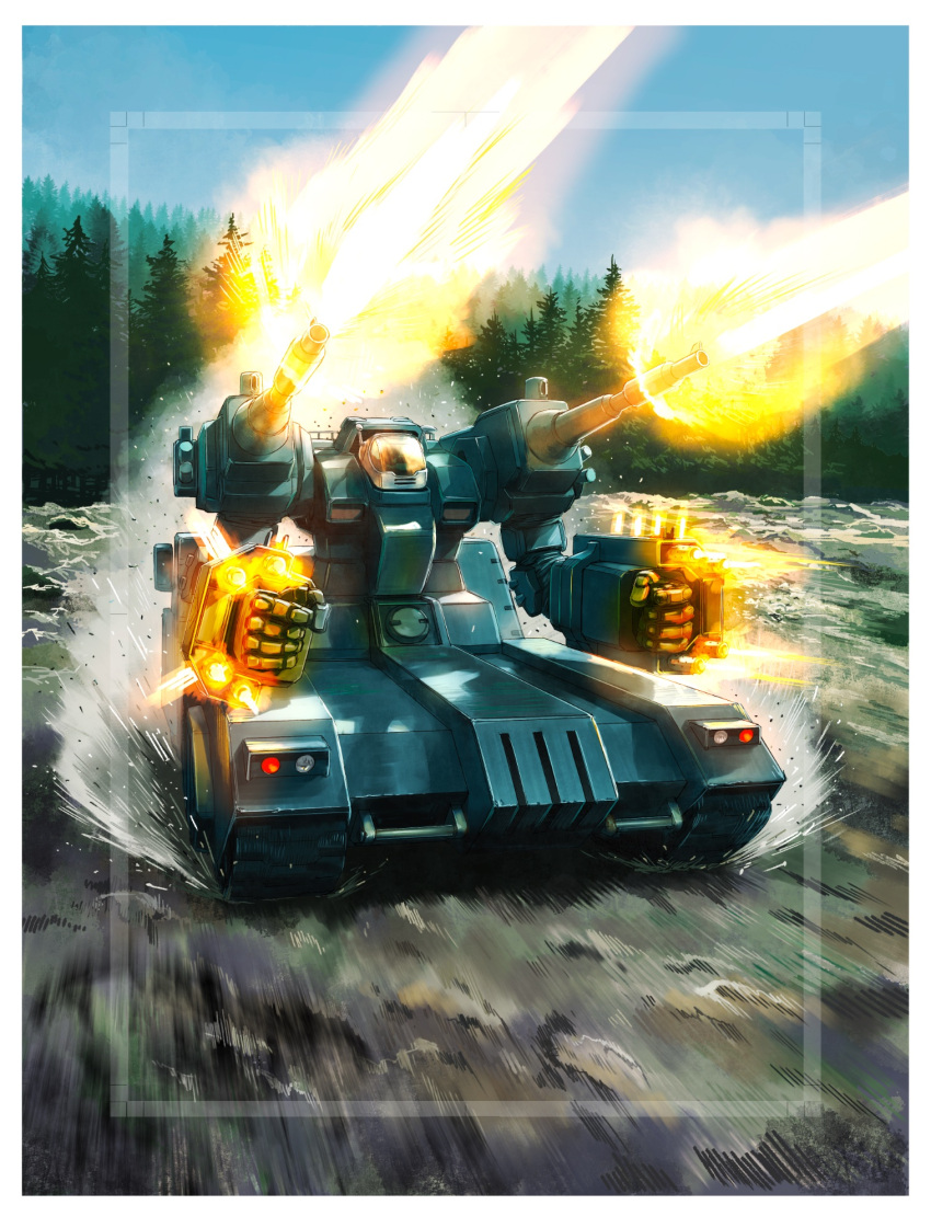 arm_cannon border clenched_hands collaboration firing forest gundam gundam_thunderbolt guntank highres mecha mecha_request motion_blur nature no_humans outagaki_yasuo science_fiction shoulder_cannon solo umeno_ryuuji weapon