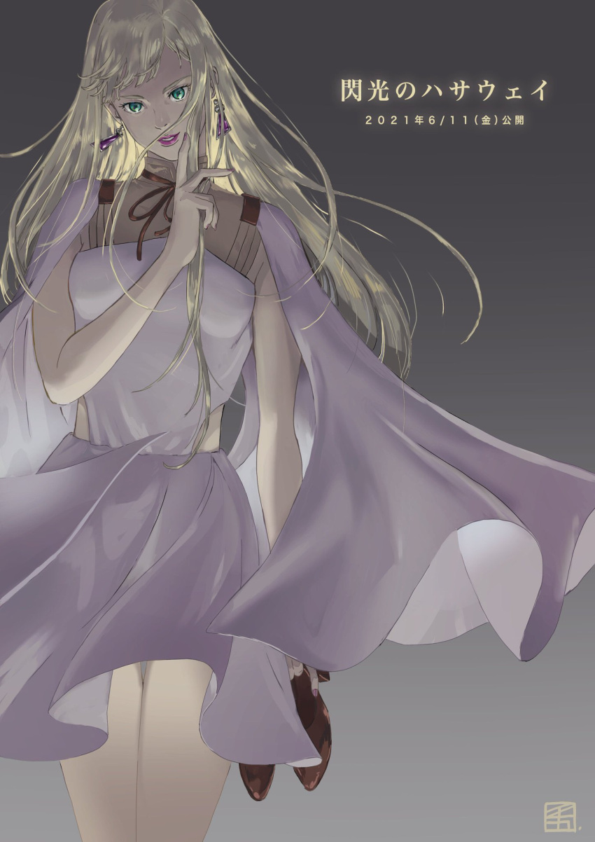 1girl bangs blonde_hair breasts capelet copyright_name dated dress earrings gigi_andalusia gradient gradient_background green_eyes grey_background gundam gundam_hathaway's_flash high_heels highres holding holding_clothes holding_footwear ichika_(quaternionxxx) jewelry long_hair parted_lips purple_lips small_breasts smile solo white_capelet white_dress