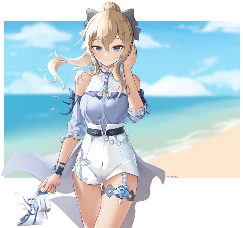 1girl absurdres bare_shoulders beach belt blonde_hair blue_eyes blue_shirt blurry bow breasts cowboy_shot depth_of_field detached_sleeves genshin_impact hair_bow hand_up high-waist_shorts highres holding holding_clothes holding_footwear jean_gunnhildr long_hair looking_at_viewer medium_breasts ponytail sandals sandals_removed shirt shorts smile solo steeb thigh_strap thighs white_shorts wrist_cuffs