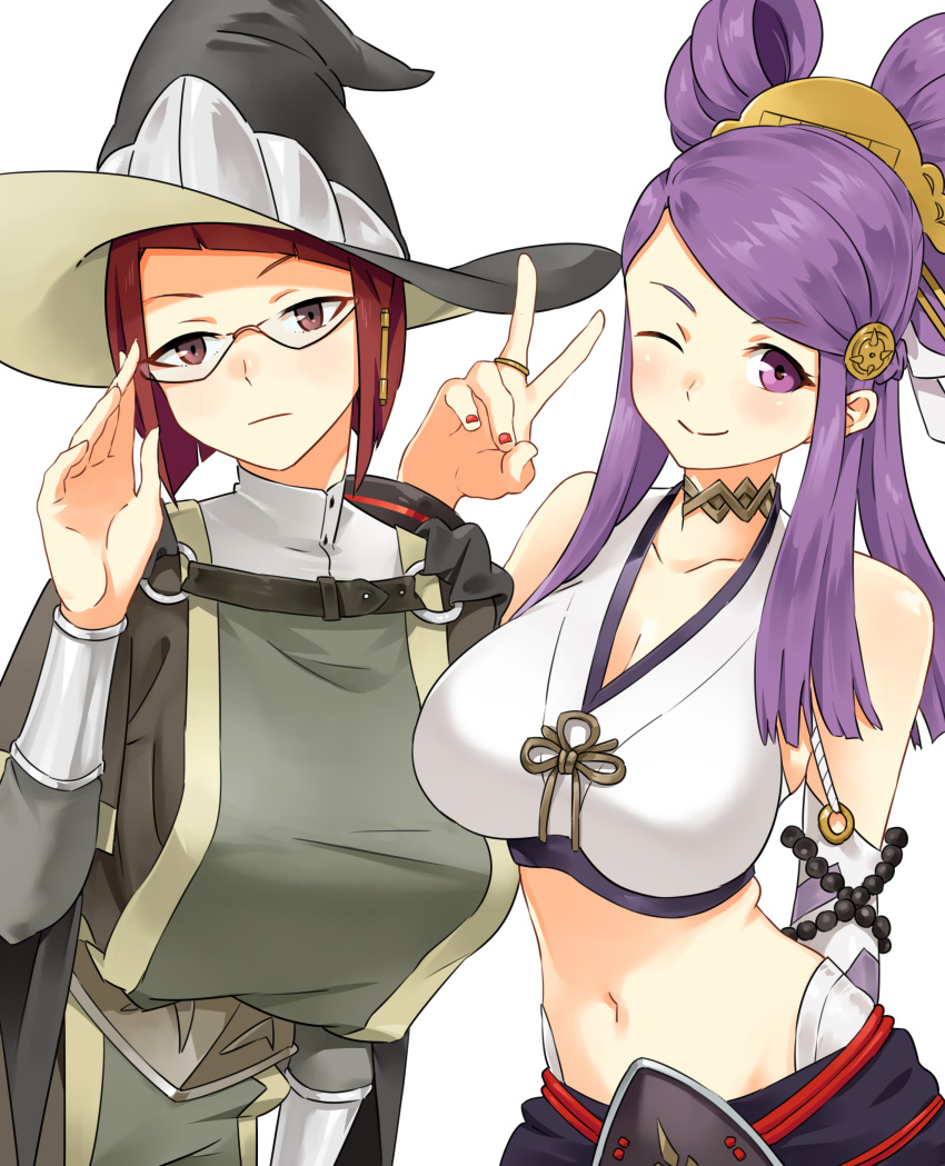 2girls absurdres breasts brown_eyes closed_mouth comb commission double_bun earrings fire_emblem fire_emblem_awakening fire_emblem_fates glasses hair_ornament hat highres igni_tion jewelry large_breasts looking_at_viewer miriel_(fire_emblem) multiple_girls one_eye_closed orochi_(fire_emblem) purple_hair redhead smile upper_body violet_eyes witch_hat