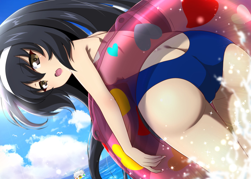 1girl ass bangs black_hair blue_sky blue_swimsuit brown_eyes butt_crack clouds commentary_request day dutch_angle eyebrows_visible_through_hair fang girls_und_panzer headband highres horizon innertube long_hair looking_at_viewer looking_back ocean one-piece_swimsuit open_mouth outdoors reizei_mako shiina_excel skin_fang sky solo standing swimsuit thigh_gap thighs