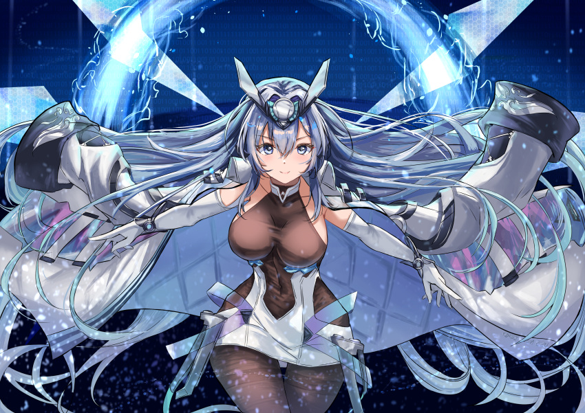 1girl absurdres azur_lane binary black_legwear blue_background blue_eyes blue_hair blush bodystocking breasts coat collarbone feet_out_of_frame gloves headgear highres large_breasts long_hair looking_at_viewer new_jersey_(azur_lane) smile taut_bodysuit thighs very_long_hair white_gloves xstetra_(esxty)