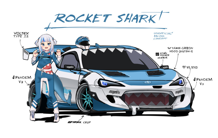 1girl :d adapted_costume bangs blue_eyes blue_hair blunt_bangs commentary cowfee english_commentary english_text fish_tail full_body gawr_gura hands_up headwear_removed helmet helmet_removed highres hololive hololive_english long_hair multicolored_hair open_mouth race_vehicle racecar racing_suit shark_tail sharp_teeth simple_background smile solo streaked_hair tail teeth two-tone_hair two_side_up virtual_youtuber white_background white_hair