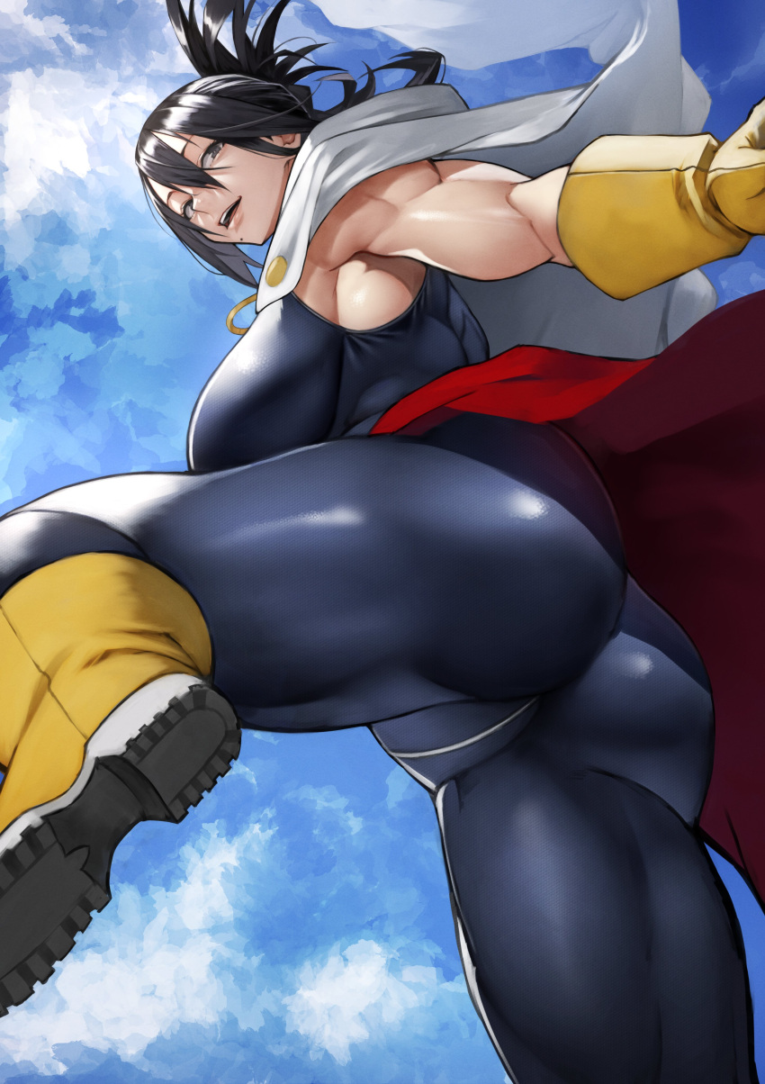 1girl absurdres ass black_eyes black_hair blue_sky bodysuit boku_no_hero_academia boots breasts cape day gloves hair_between_eyes highres large_breasts lips looking_at_viewer shimura_nana short_hair sky smile solo teeth upper_teeth white_cape yellow_footwear yellow_gloves yoshio_(55level)