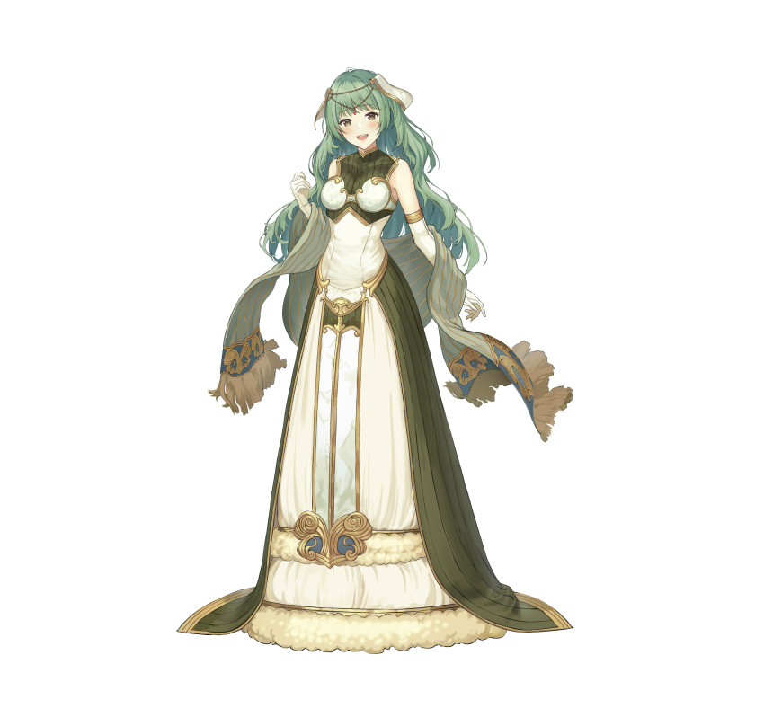 1girl absurdres bangs bare_shoulders blush breasts commentary_request dress elbow_gloves eyebrows_visible_through_hair fire_emblem fire_emblem_echoes:_shadows_of_valentia fire_emblem_heroes full_body fur_trim gloves green_eyes green_hair hair_ornament hand_up haru_(hiyori-kohal) head_tilt highres long_dress looking_at_viewer medium_breasts official_art open_mouth shiny shiny_hair simple_background sleeveless smile solo standing tatiana_(fire_emblem) white_background white_gloves
