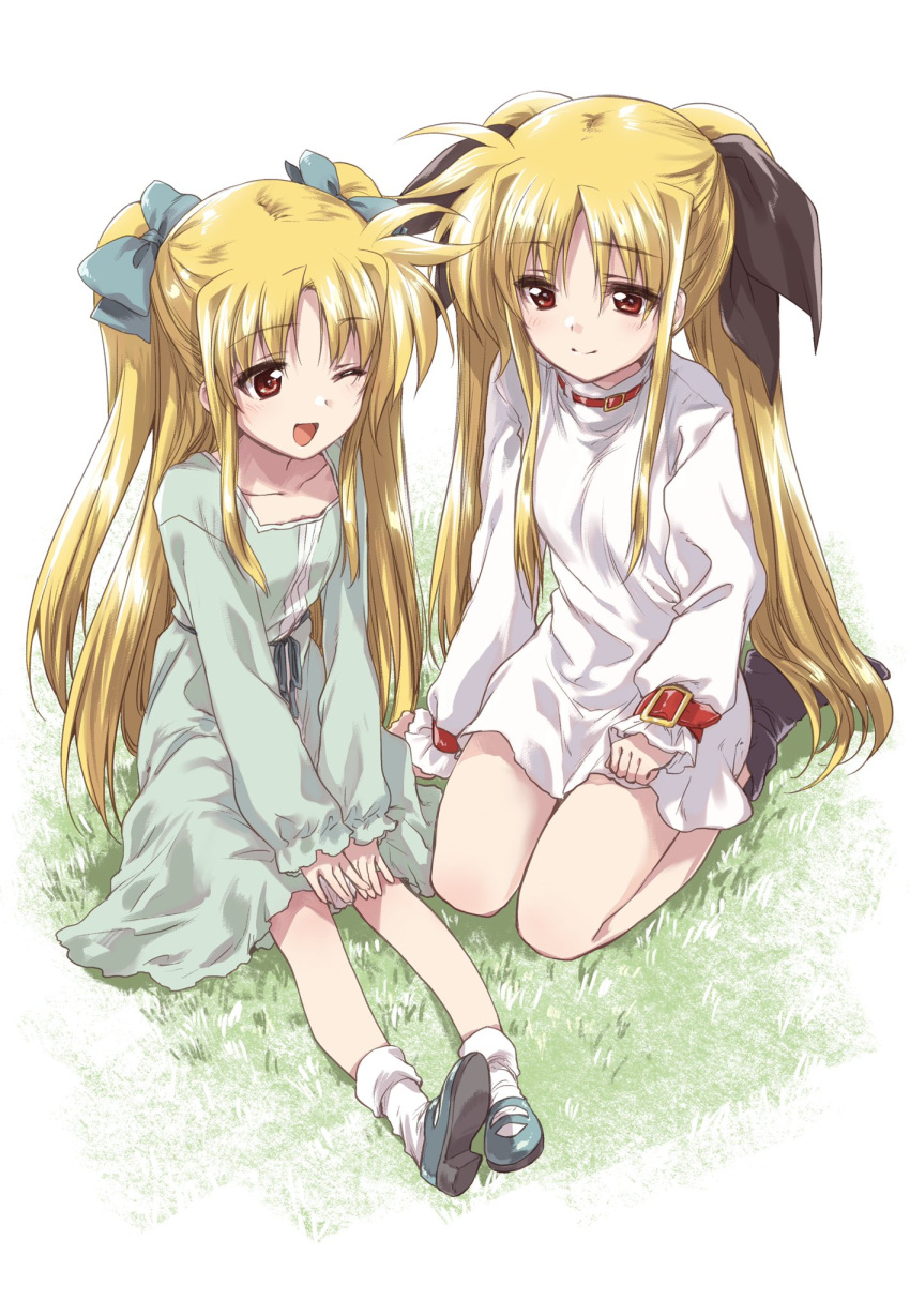 2girls ;d alicia_testarossa bangs black_footwear blonde_hair boots bow closed_mouth commentary_request dress eyebrows_visible_through_hair fate_testarossa grass green_bow green_dress green_footwear green_ribbon hair_bow hair_ribbon highres kneeling kuroi_mimei long_hair long_sleeves looking_at_another lyrical_nanoha mahou_shoujo_lyrical_nanoha medium_dress multiple_girls one_eye_closed open_mouth red_eyes ribbon shoes short_dress siblings side-by-side sisters sitting smile socks white_background white_dress white_legwear