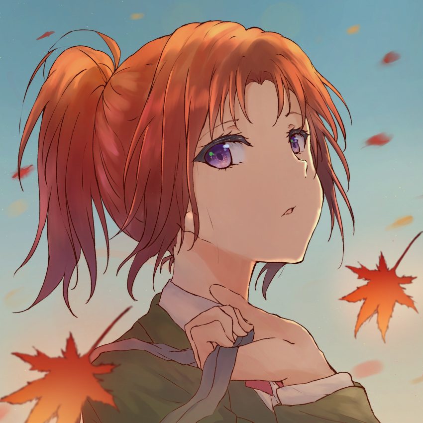 1girl absurdres bag blazer blue_sky bow bowtie brown_hair collared_shirt green_jacket hibike!_euphonium highres holding holding_bag jacket leaf long_hair long_sleeves looking_at_viewer maple_leaf mellow4043 nakagawa_natsuki open_mouth outdoors ponytail red_bow red_neckwear school_bag school_uniform shirt sky solo violet_eyes white_shirt