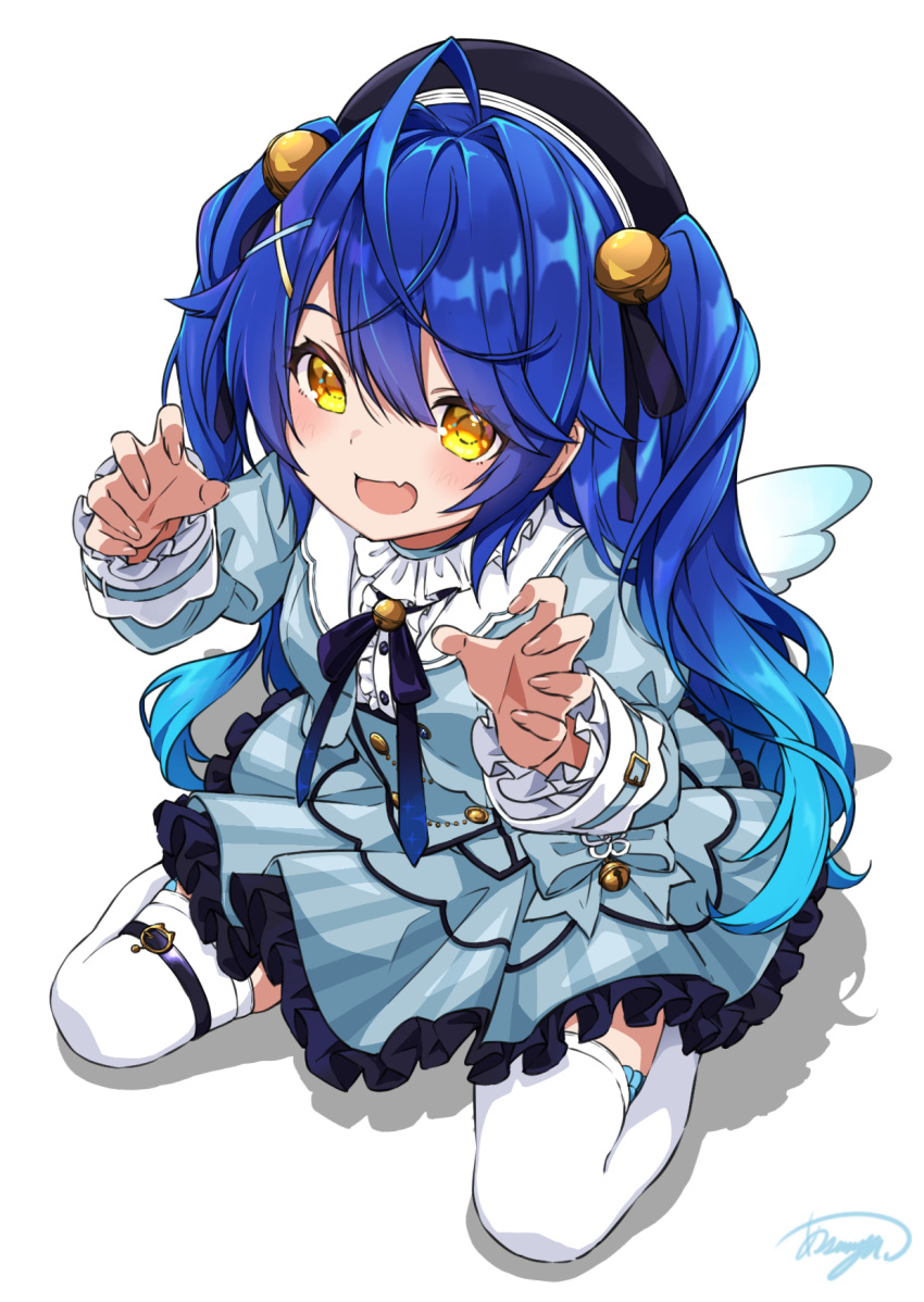 1girl :d ahoge amamiya_kokoro angel_wings asanaya bell beret black_headwear blue_bow blue_bowtie blue_dress blue_hair blue_jacket blush bow bowtie claw_pose commentary dress frilled_dress frilled_sleeves frills from_above full_body hair_bell hair_ornament hat highres jacket jingle_bell long_hair long_sleeves looking_at_viewer looking_up nijisanji on_floor simple_background sitting smile solo thigh-highs two_side_up very_long_hair virtual_youtuber wariza white_background white_legwear wings x_hair_ornament yellow_eyes