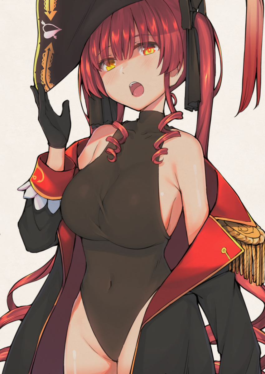 1girl bangs bare_shoulders bicorne black_coat black_eyepatch black_gloves black_headwear black_leotard black_ribbon blush breasts coat covered_navel cowboy_shot drill_hair embroidery epaulettes gloves groin hair_ribbon hat heterochromia highleg highleg_leotard highres hololive houshou_marine kaname_(melaninusa09) large_breasts leotard long_hair looking_at_viewer off_shoulder open_mouth pirate red_eyes redhead ribbon ringlets sideboob simple_background solo twin_drills twintails virtual_youtuber white_background yellow_eyes