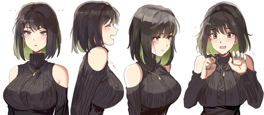 ... 1girl absurdres bangs bare_shoulders black_hair blue_nails blush breasts brown_eyes clothing_cutout colored_inner_hair crying earrings eyebrows_visible_through_hair green_hair highres jewelry large_breasts laughing medium_hair miru_(ormille) mole mole_under_eye multicolored_hair multiple_views nail_polish open_mouth original ormille shoulder_cutout simple_background surprised sweater tears turtleneck turtleneck_sweater two-tone_hair white_background