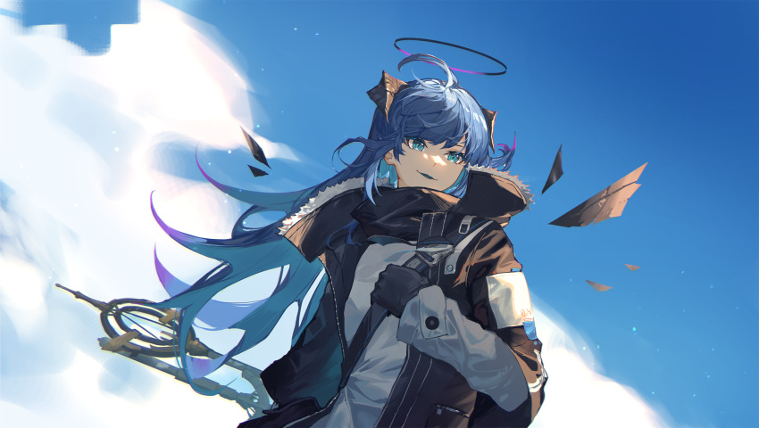 1girl :d ahoge arknights bangs black_gloves black_jacket blue_eyes blue_hair clouds day detached_wings eyebrows_visible_through_hair gloves halo highres horns jacket koharu1807 long_hair long_sleeves looking_at_viewer mostima_(arknights) open_mouth outdoors shirt simple_background sky smile snap-fit_buckle solo staff upper_body white_shirt wings