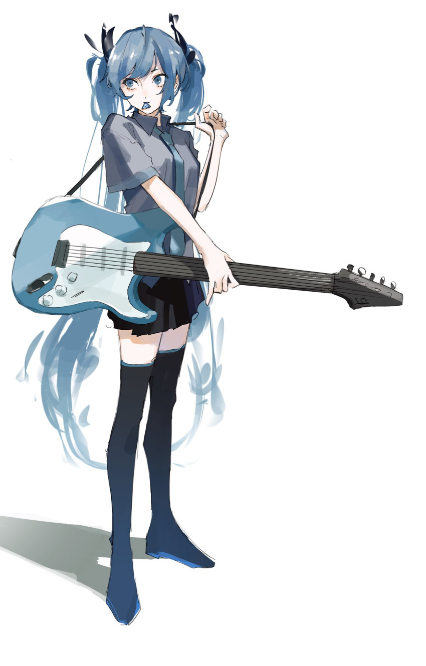 1girl black_legwear black_ribbon black_skirt blue_eyes blue_hair blue_neckwear boots collared_shirt commentary_request electric_guitar full_body grey_shirt guitar hair_ribbon hand_up hatsune_miku highres holding holding_instrument instrument ligton1225 long_hair looking_away necktie pleated_skirt plectrum plectrum_in_mouth ribbon shadow shirt short_sleeves shoulder_strap simple_background skirt solo standing thigh-highs thigh_boots twintails vocaloid white_background zettai_ryouiki