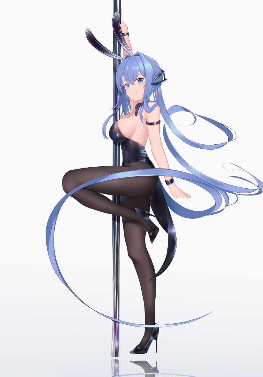 1girl absurdres animal_ears ass azur_lane bangs blue_eyes blush bracelet breasts closed_mouth eyebrows_visible_through_hair gradient gradient_background hair_between_eyes high_heels highres jewelry large_breasts legs long_hair looking_at_viewer new_jersey_(azur_lane) new_jersey_(exhilarating_steps!)_(azur_lane) pantyhose playboy_bunny pole pole_dancing sideboob simple_background smile solo stripper_pole yinori