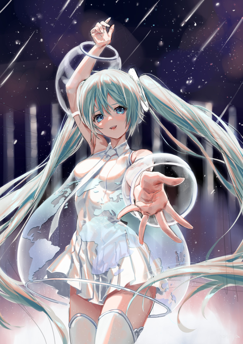 1girl absurdres aqua_eyes aqua_hair arm_up bare_shoulders breasts bubble_skirt commentary cowboy_shot detached_sleeves dress hair_ornament hatsune_miku hatsune_miku_expo highres long_hair looking_at_viewer map_print necktie night night_sky oohhya outstretched_arm pleated_dress reaching_out shirt shooting_star shoulder_tattoo silver_dress silver_legwear silver_neckwear silver_sleeves skirt sky sleeveless sleeveless_dress sleeveless_shirt small_breasts solo standing star_(sky) starry_background tattoo thigh-highs twintails very_long_hair vocaloid zettai_ryouiki