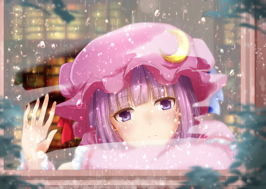 1girl bangs blue_ribbon blunt_bangs blurry blurry_background blush commentary_request crescent crescent_hat_ornament crescent_pin eyebrows_visible_through_hair from_outside hand_on_window hat hat_ornament hat_ribbon looking_at_viewer mob_cap patchouli_knowledge purple_hair rain ram_hachimin red_ribbon ribbon solo touhou upper_body violet_eyes water_drop window window_fog wiping