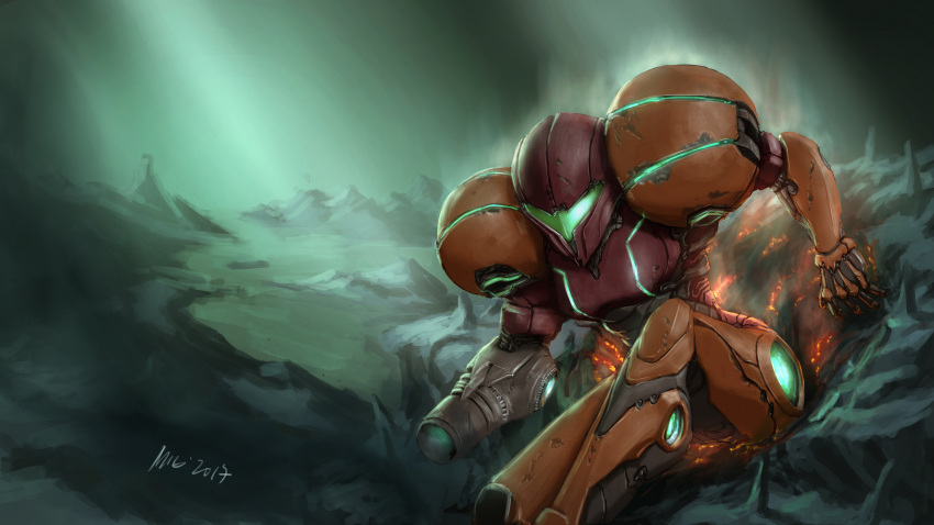 1girl absurdres arm_cannon cave embers highres leaning_forward metroid power_armor rock samus_aran science_fiction signature sitting solo themimig varia_suit visor weapon