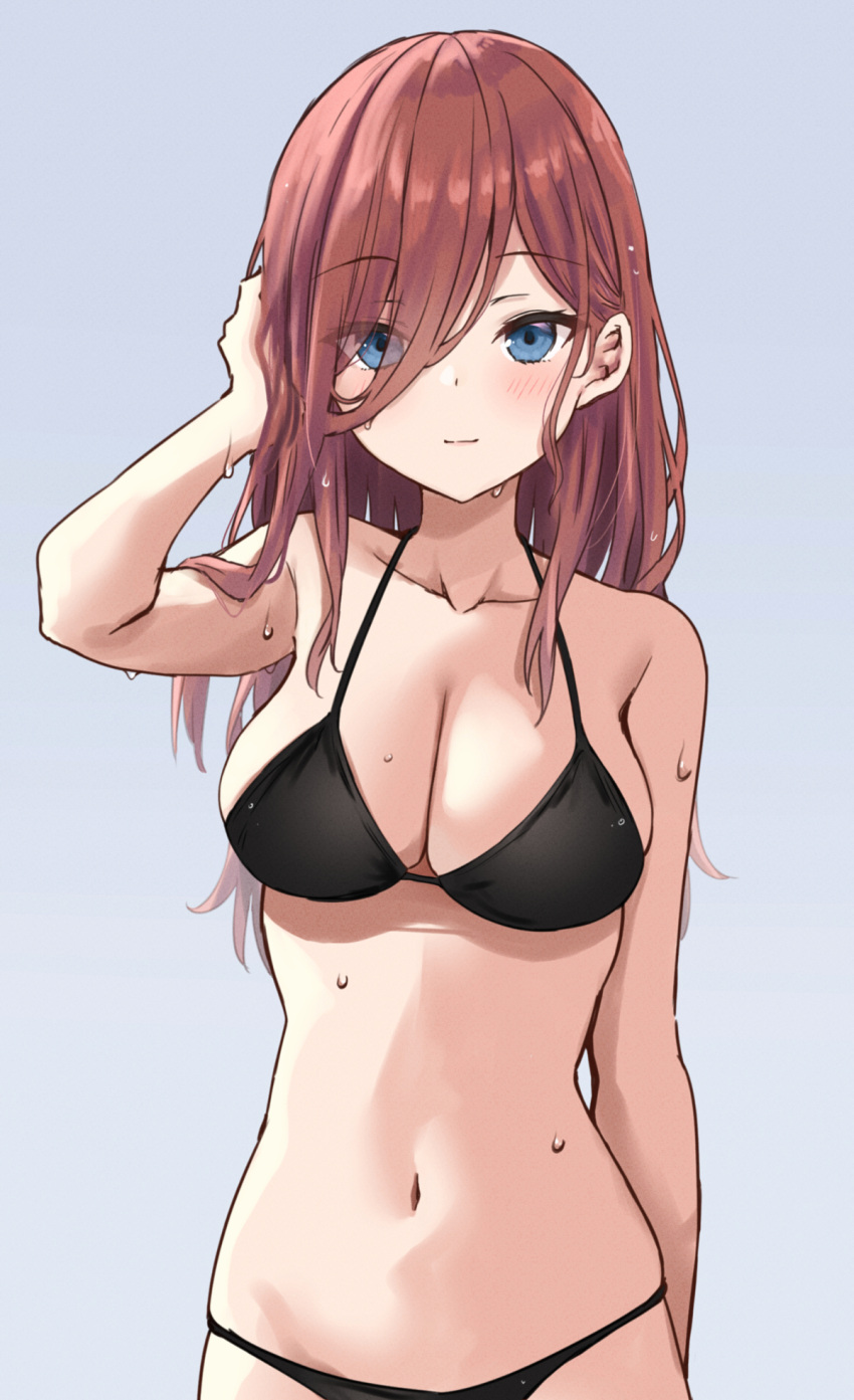 1girl akino_ell arm_up bare_arms bare_shoulders bikini black_bikini blue_eyes brown_hair collaboration collarbone cowboy_shot go-toubun_no_hanayome grey_background hair_between_eyes halter_top halterneck highres long_hair looking_at_viewer nakano_miku navel simple_background smile solo stomach string_bikini swimsuit wet