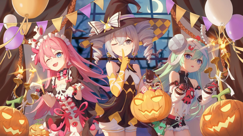 3girls balloon blue_eyes blue_hair bronya_zaychik bronya_zaychik_(snowy_sniper) candle closed_eyes curtains drill_hair finger_to_mouth grey_eyes grey_hair halloween halloween_costume hat honkai_(series) honkai_impact_3rd indoors latioss liliya_olenyeva looking_at_viewer moon multiple_girls night night_sky one_eye_closed open_mouth pink_hair pumpkin rozaliya_olenyeva siblings sky twin_drills twins window witch witch_hat