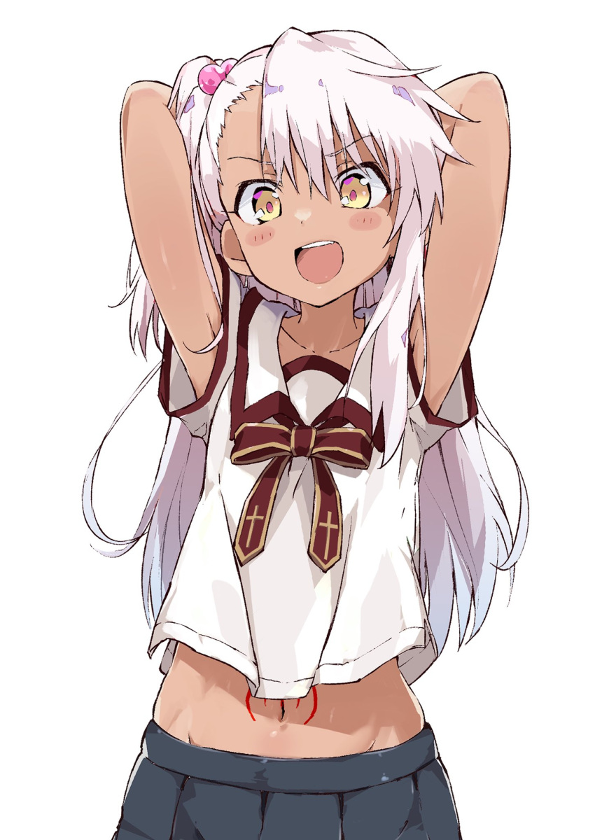 1girl arms_up blush_stickers chloe_von_einzbern collared_shirt dark-skinned_female dark_skin eyebrows_visible_through_hair fate/kaleid_liner_prisma_illya fate_(series) hair_ornament heart heart_hair_ornament highres homurahara_academy_uniform long_hair looking_at_viewer navel neck_ribbon one_side_up open_mouth orange_eyes pink_hair pleated_skirt rauto ribbon school_uniform shirt simple_background skirt smile solo stomach_tattoo t-shirt tattoo upper_body white_background white_shirt yellow_eyes
