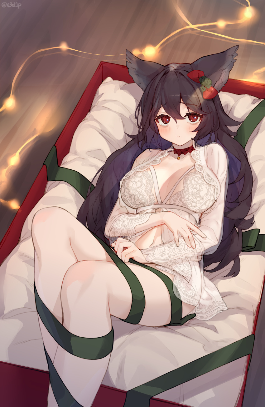 1girl absurdres animal_ears artist_name bare_legs black_hair blush bow breasts breasts_apart choker closed_mouth erune eyebrows_visible_through_hair feet_out_of_frame granblue_fantasy green_ribbon hair_between_eyes hair_bow hair_ornament highres large_breasts lingerie long_hair long_sleeves looking_at_viewer lying navel nier_(granblue_fantasy) on_back red_bow red_choker red_eyes ribbon see-through see-through_sleeves shadow solo tai_(e3d1p) tears underwear
