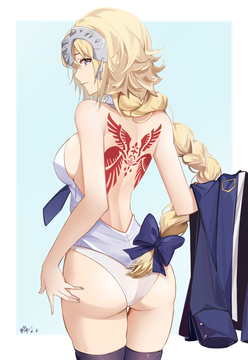 1girl absurdres ass back back_tattoo backless_outfit bangs bare_shoulders black_legwear blonde_hair blue_eyes blush braid braided_ponytail breasts fate/apocrypha fate_(series) headpiece highres jeanne_d'arc_(fate) jeanne_d'arc_(fate)_(all) large_breasts liuleiwowotou long_hair looking_at_viewer necktie panties solo tattoo thigh-highs thighs underwear very_long_hair white_panties