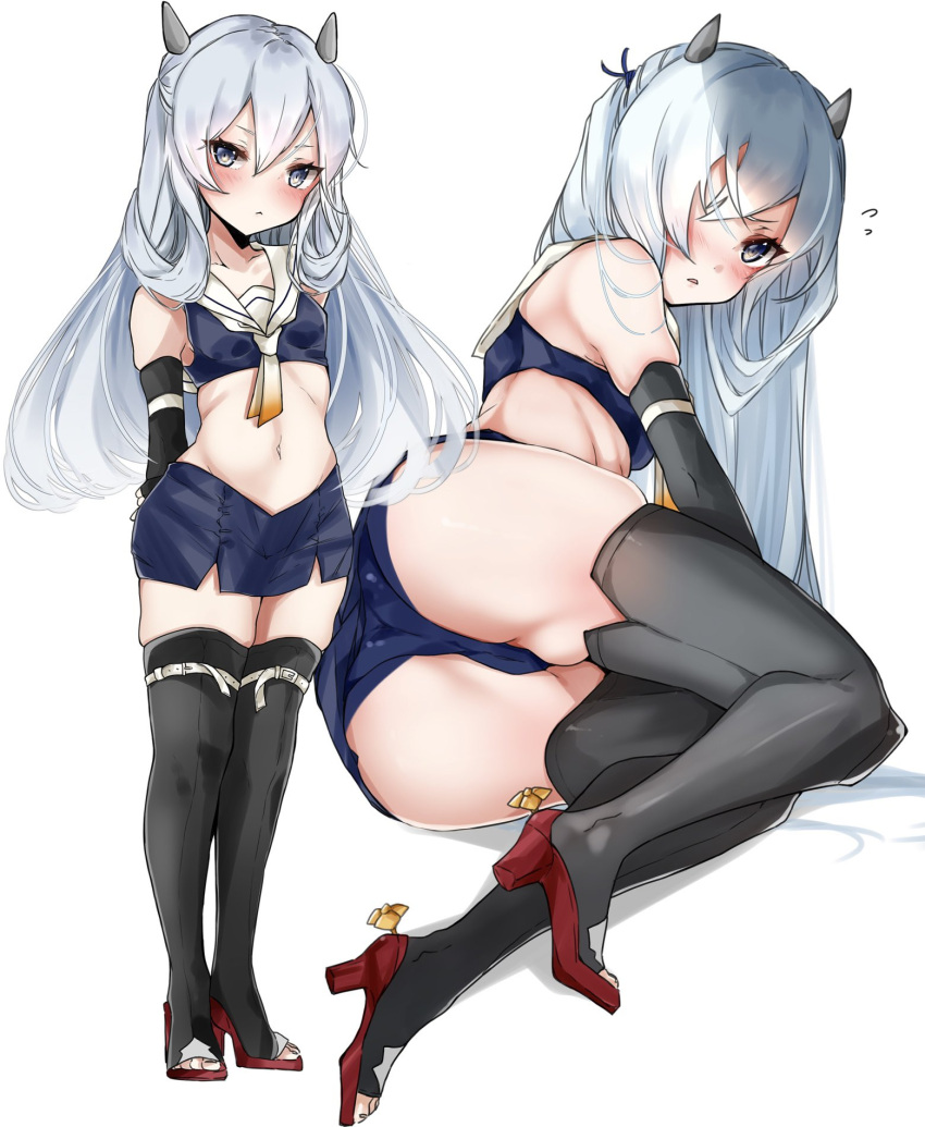 1girl arms_behind_back ass bangs black_gloves blue_panties blue_skirt blush breasts chigasaki_y closed_mouth crop_top elbow_gloves full_body gloves grey_eyes grey_hair hair_between_eyes headgear highres horned_headwear i-203_(kancolle) kantai_collection light_blue_eyes long_hair lying midriff multiple_views navel neckerchief on_side panties pencil_skirt red_footwear rudder_footwear sailor_collar silver_hair simple_background skindentation skirt sleeveless small_breasts solo standing toeless_footwear underwear white_background white_sailor_collar
