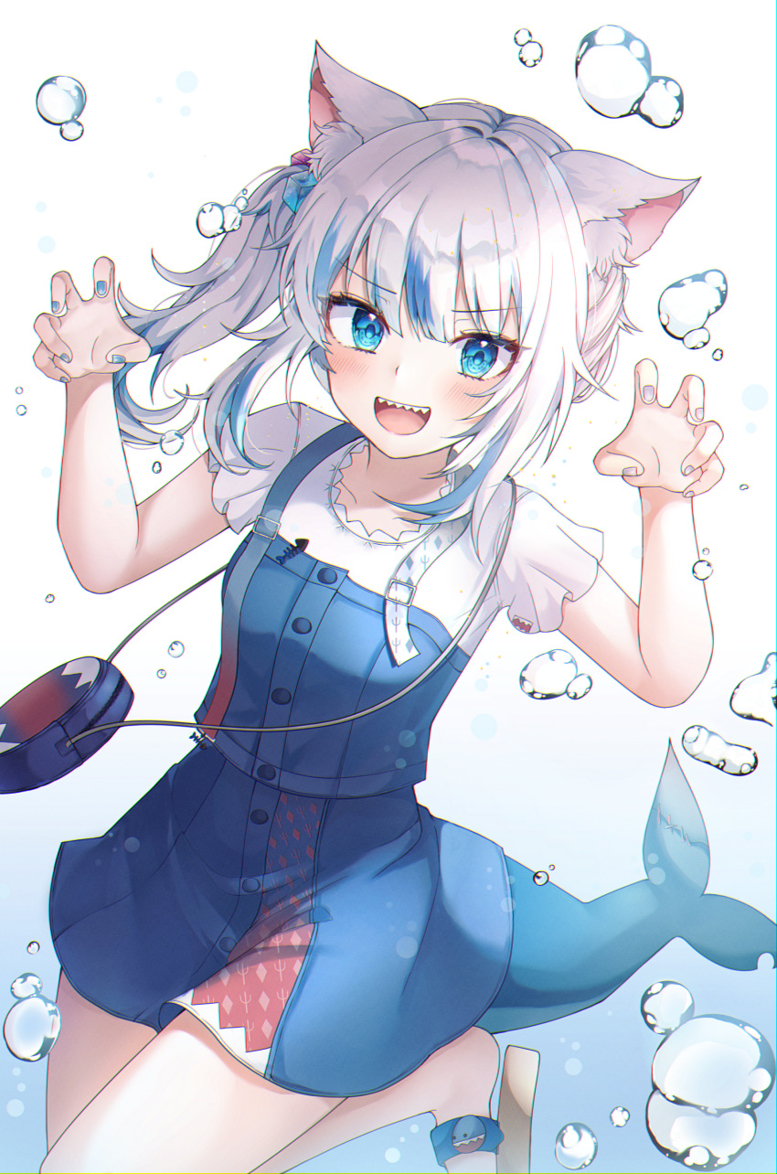 1girl :d absurdres animal_ear_fluff animal_ears bangs blue_background blue_dress blue_eyes blue_hair blunt_bangs cat_ears dress eyebrows_visible_through_hair fish_tail gawr_gura gradient gradient_background highres hololive hololive_english looking_at_viewer multicolored_hair open_mouth paw_pose ryunbi sandals shark shark_tail sharp_teeth short_hair short_sleeves smile solo standing standing_on_one_leg tail teeth two-tone_hair upper_teeth virtual_youtuber white_background white_hair