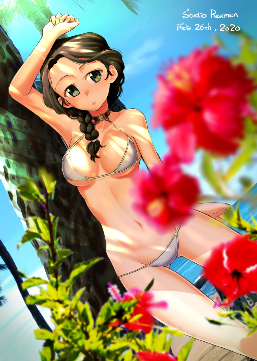 1girl alternate_hairstyle arm_up artist_name ass_visible_through_thighs bikini black_eyes black_hair blue_sky blurry blurry_foreground braid braided_ponytail closed_mouth commentary_request dappled_sunlight dated day depth_of_field dutch_angle flower girls_und_panzer hair_over_shoulder hair_tie halterneck hamada_kiyo hibiscus highres horizon leaning_to_the_side light_frown looking_at_viewer medium_hair navel outdoors palm_tree partial_commentary plant r-ex red_flower signature single_braid sky solo standing sunlight swimsuit tree white_bikini
