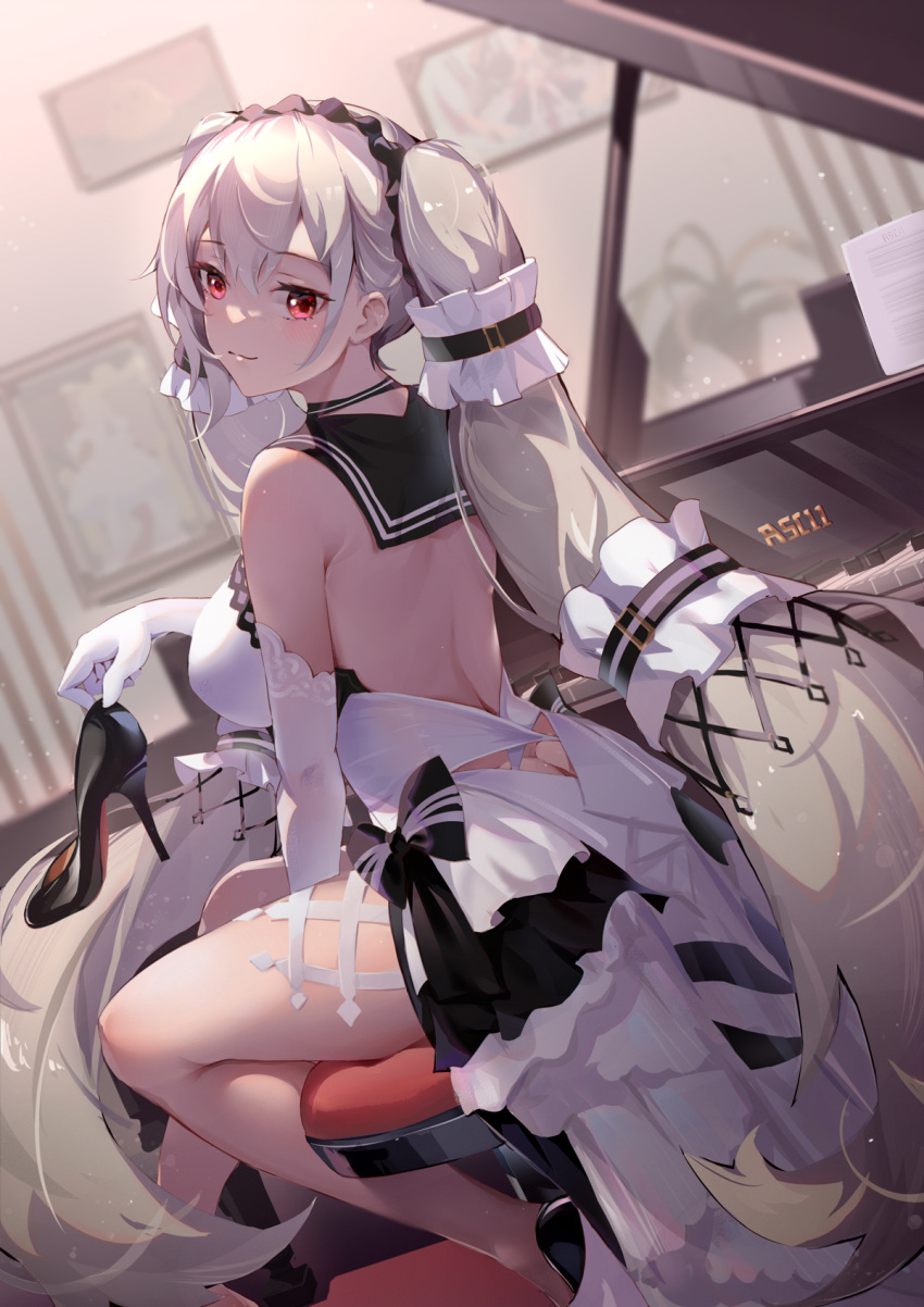 1girl artist_name asc11 azur_lane bangs bare_legs black_footwear blush breasts chinese_commentary commentary_request dress elbow_gloves eyebrows_visible_through_hair formidable_(azur_lane) formidable_(timeless_classics)_(azur_lane) from_behind gloves hair_ornament hairband high_heels highres holding holding_shoes indoors instrument large_breasts long_hair looking_at_viewer looking_back official_alternate_costume piano red_eyes shoes shoes_removed sitting solo twintails very_long_hair white_dress white_gloves white_hair