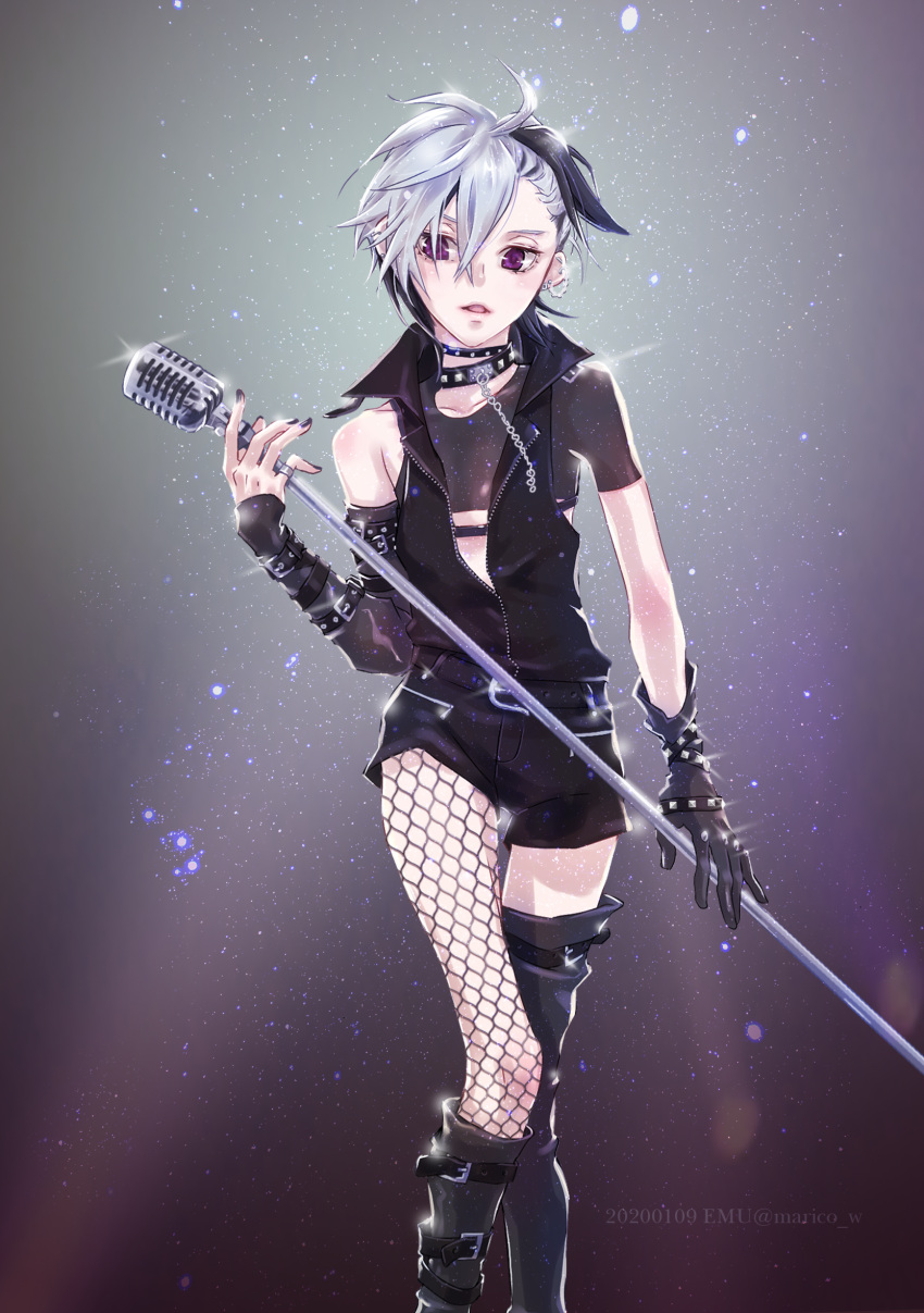 1girl alternate_hairstyle arm_belt belt_boots black_gloves black_jacket black_legwear black_shorts black_sleeves boots choker clothing_cutout commentary_request dated detached_sleeves earrings emu_(marico_w) feet_out_of_frame fishnet_legwear fishnets flower_(vocaloid) glint gloves highres jacket jewelry knees_up lips looking_at_viewer microphone microphone_stand mismatched_legwear multicolored_hair open_mouth purple_hair short_hair short_shorts shorts shoulder_cutout solo sparkle standing streaked_hair studded_gloves twitter_username v_flower_(vocaloid4) violet_eyes vocaloid white_hair
