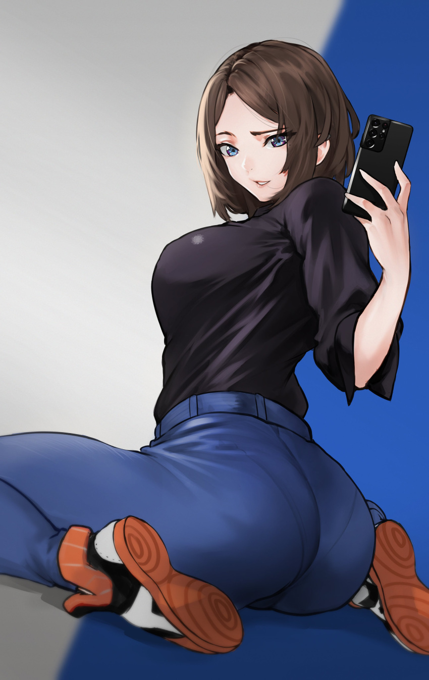 1girl absurdres ass bangs black_shirt blue_eyes breasts brown_hair cellphone denim highres jeans kobi420 large_breasts pants pantylines parted_bangs parted_lips phone samsung samsung_sam selfie shirt shoes short_hair smartphone sneakers solo taking_picture tight tight_pants