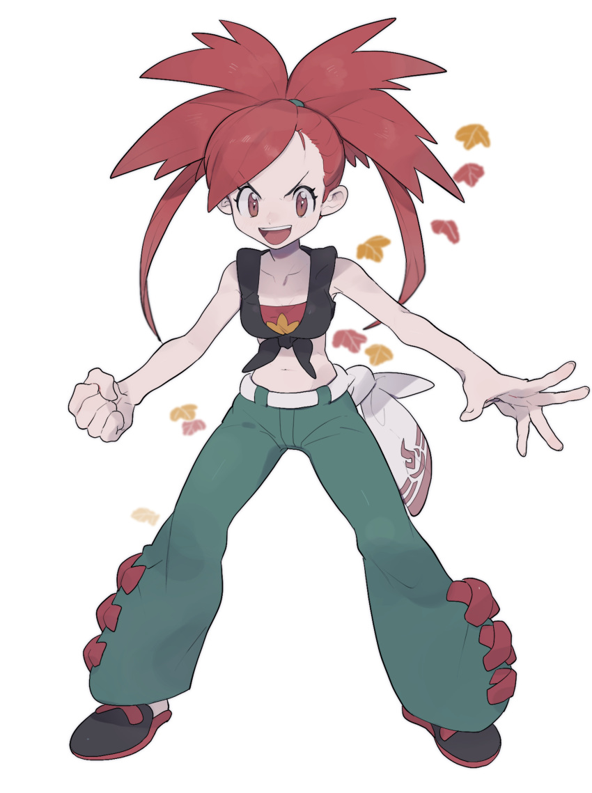 1girl :d absurdres bangs clenched_hand collarbone eyelashes flannery_(pokemon) gym_leader hair_tie highres leaf legs_apart long_hair looking_at_viewer midriff mimura_(nnnnnnnnmoo) navel open_mouth pants pokemon pokemon_(game) pokemon_oras red_eyes redhead shirt shoes simple_background smile solo standing swept_bangs tied_hair tied_shirt tongue upper_teeth v-shaped_eyebrows white_background