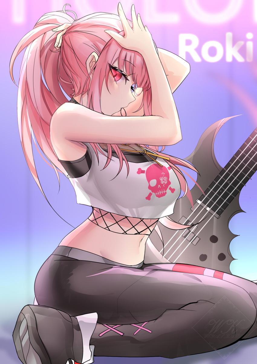 1girl adjusting_hair black_footwear black_pants crop_top cross-laced_clothes fishnet_top fishnets guitar hair_tie highres hololive hololive_english instrument jewelry light_blush long_hair looking_at_viewer mori_calliope mouth_hold navel necklace pants pink_eyes pink_hair ponytail shoes sidelocks sitting sleeveless sneakers solo tight tight_pants virtual_youtuber weyas_kayur yokozuwari