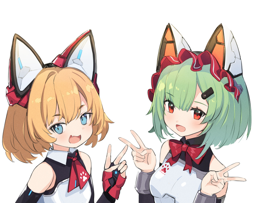 2girls :d absurdres animal_ears bangs bare_shoulders black_gloves black_shirt blonde_hair blue_eyes bow breasts collared_shirt copyright_request double_v elbow_gloves eyebrows_visible_through_hair fake_animal_ears fang fingerless_gloves gloves green_hair hair_ornament hairclip highres huge_filesize looking_at_viewer medium_breasts multiple_girls open_mouth red_bow red_eyes shirt short_hair simple_background sleeveless sleeveless_shirt smile upper_body v white_background youmu_(tomgoku2)