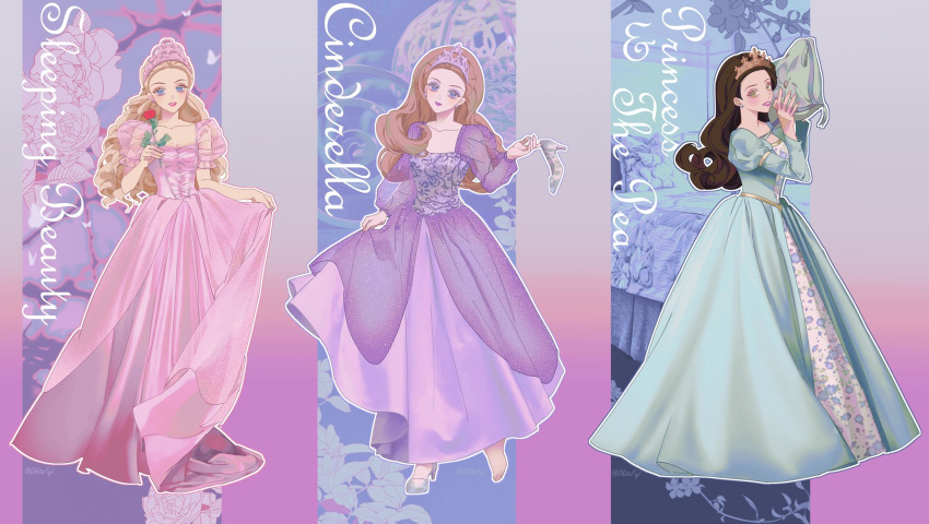 3girls barbie_(character) barbie_(franchise) black_hair blonde_hair blue_eyes cinderella cinderella_(grimm) corset crown curly_hair curtsey doll dress earrings floral_print flower formal glass_slipper gown green_dress green_eyes grimm's_fairy_tales high_heels highres holding holding_flower holding_pillow holding_shoes jewelry juliet_sleeves long_dress long_sleeves multiple_girls name_tag object_hug okitafuji paneled_background pillow pink_dress princess_and_the_pea puffy_short_sleeves puffy_sleeves purple_dress redhead rose see-through_sleeves shoes shoes_removed short_sleeves single_shoe skirt_hold sleeping_beauty sleeping_beauty_(character) smile square_neckline tiara