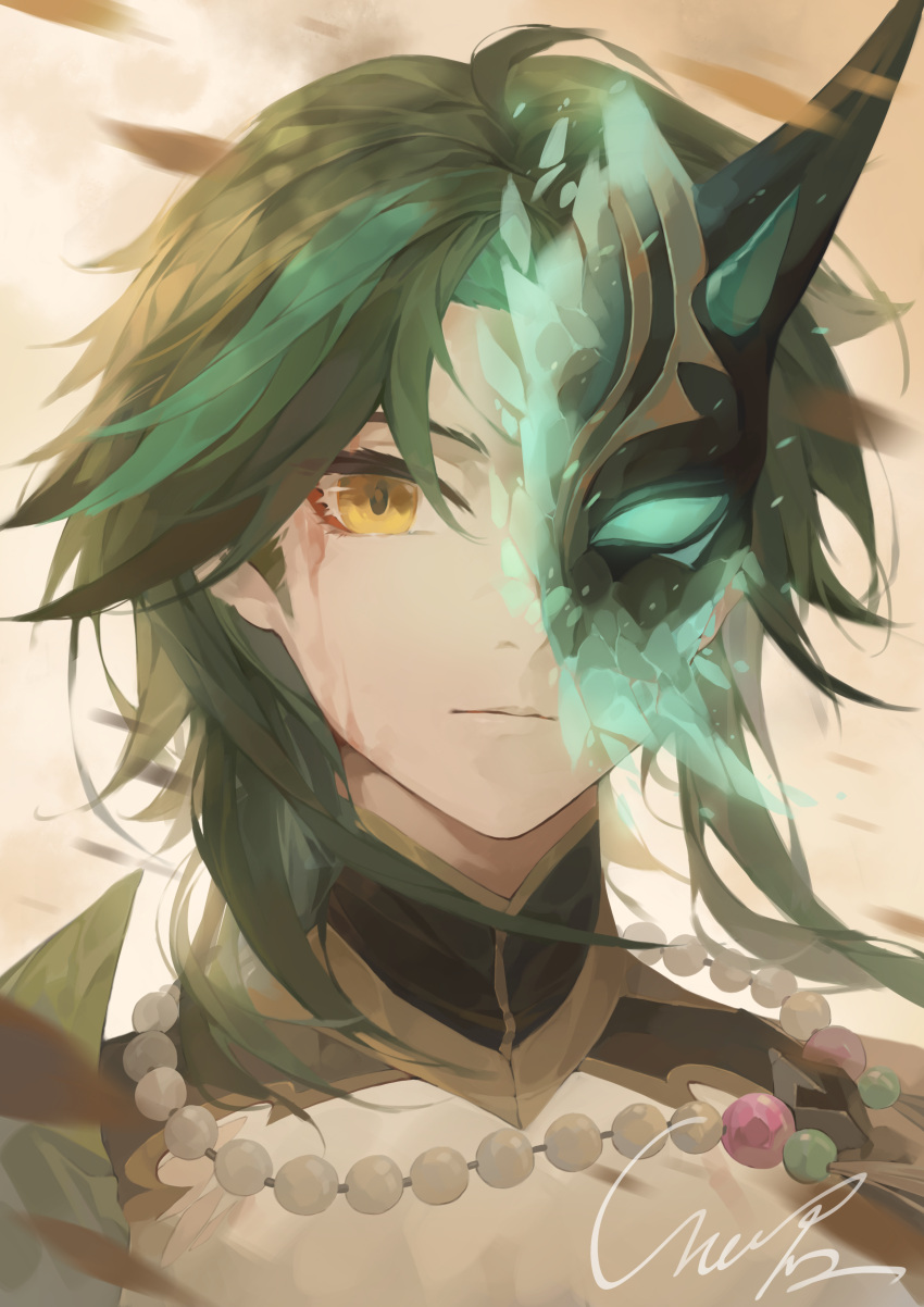 1boy absurdres armor asymmetrical_clothes bangs bead_necklace beads black_hair blood blood_on_face closed_mouth commentary_request diamond_(shape) eyeshadow facial_mark forehead_mark genshin_impact green_hair highres horns jewelry looking_at_viewer makeup male_focus mask multicolored_hair mushi_c_jun necklace one_eye_covered parted_bangs red_eyeshadow short_hair_with_long_locks shoulder_pads signature simple_background single_horn solo tassel two-tone_hair xiao_(genshin_impact) yellow_eyes
